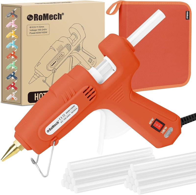 ROMECH Full Size Hot Glue Gun with 60/100W Dual Power and 21 Hot Glue Sticks (7/16"), Fast Preheating Heavy Duty Industrial Gluegun with Storage Case for Crafting, DIY and Repairs (Orange) - Image 1